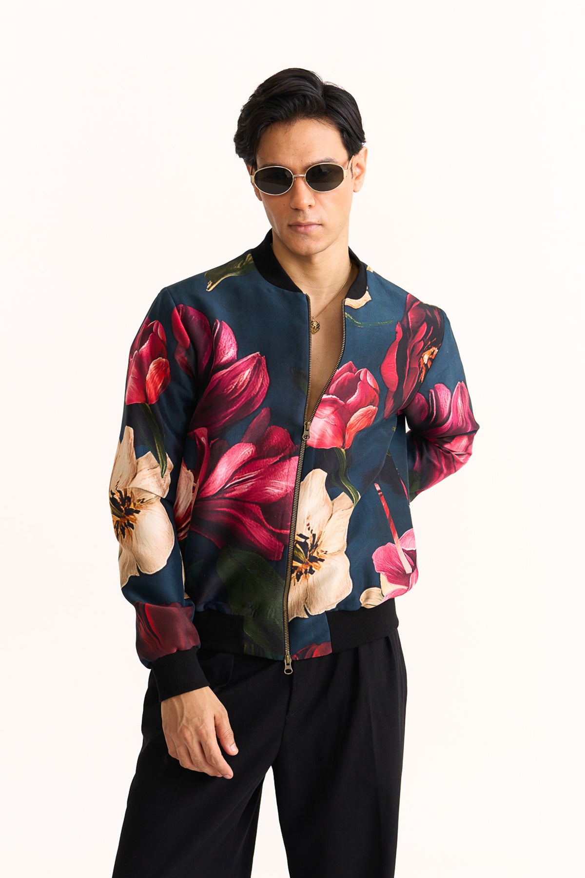 Wild rosette blue printed bomber jacket