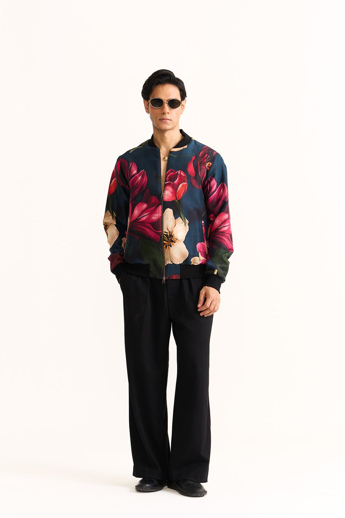 Wild rosette blue printed bomber jacket