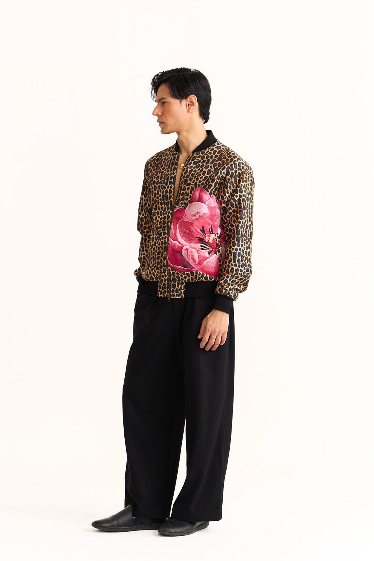 Wild rosette leopard bomber jacket