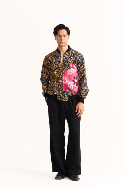 Wild rosette leopard bomber jacket
