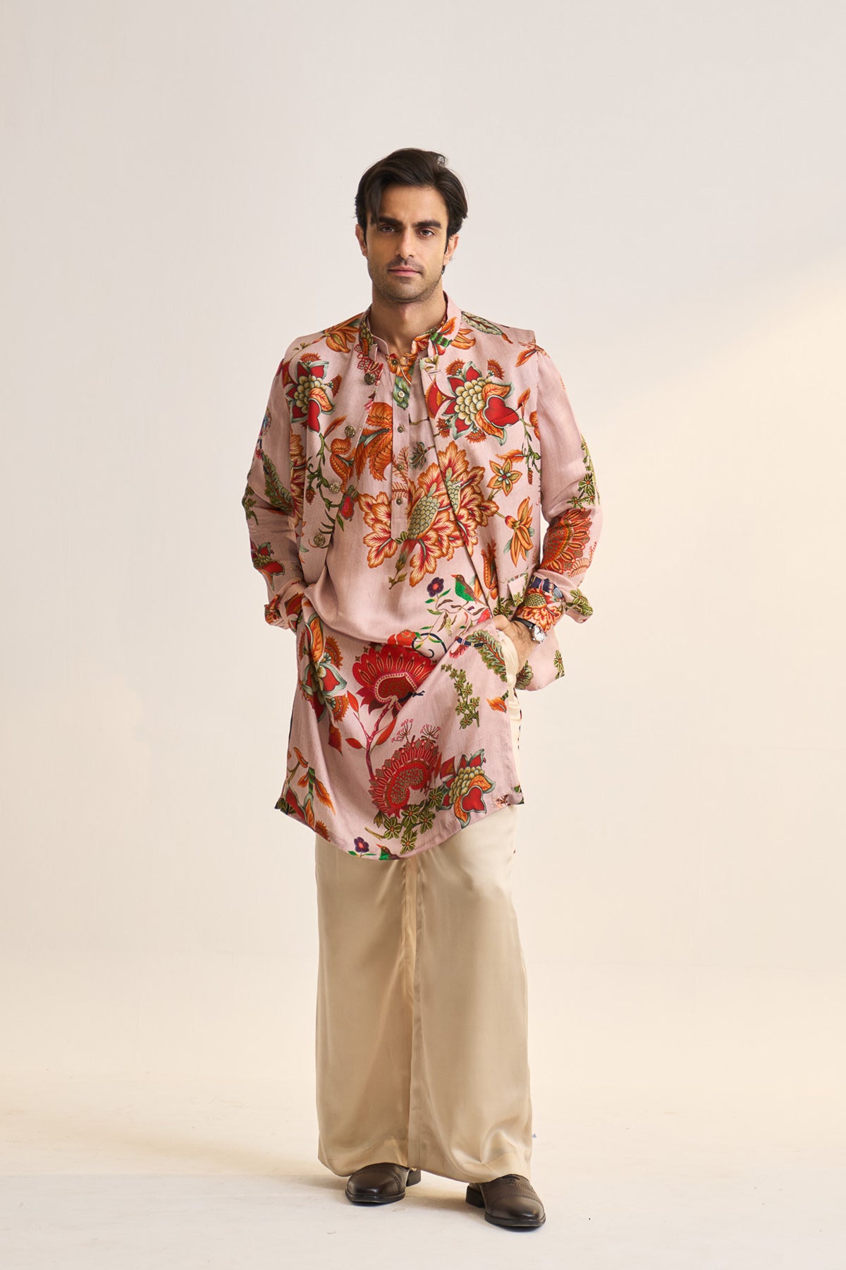Chintz printed pink nehru jacket