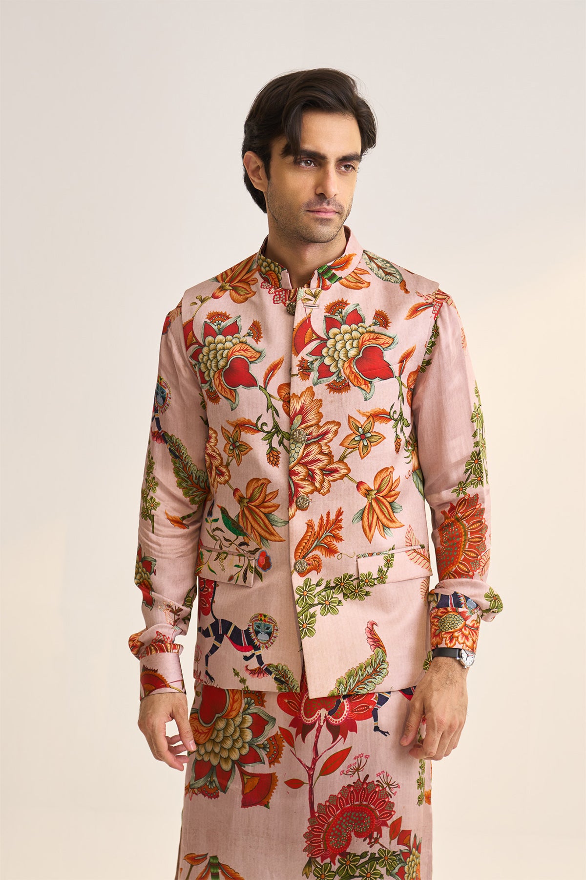 Chintz printed pink nehru jacket