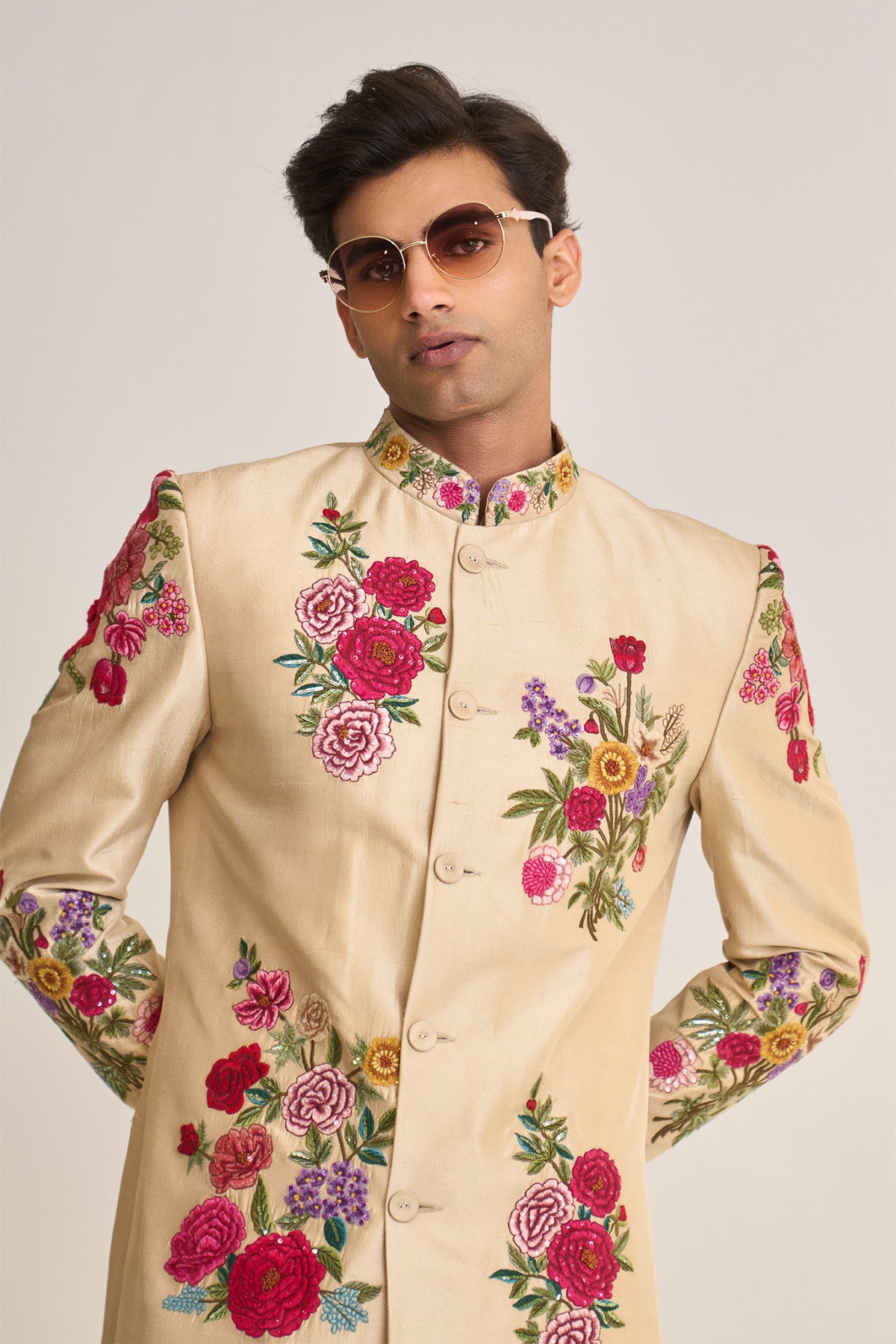 Multifloral ivory embellished achkan