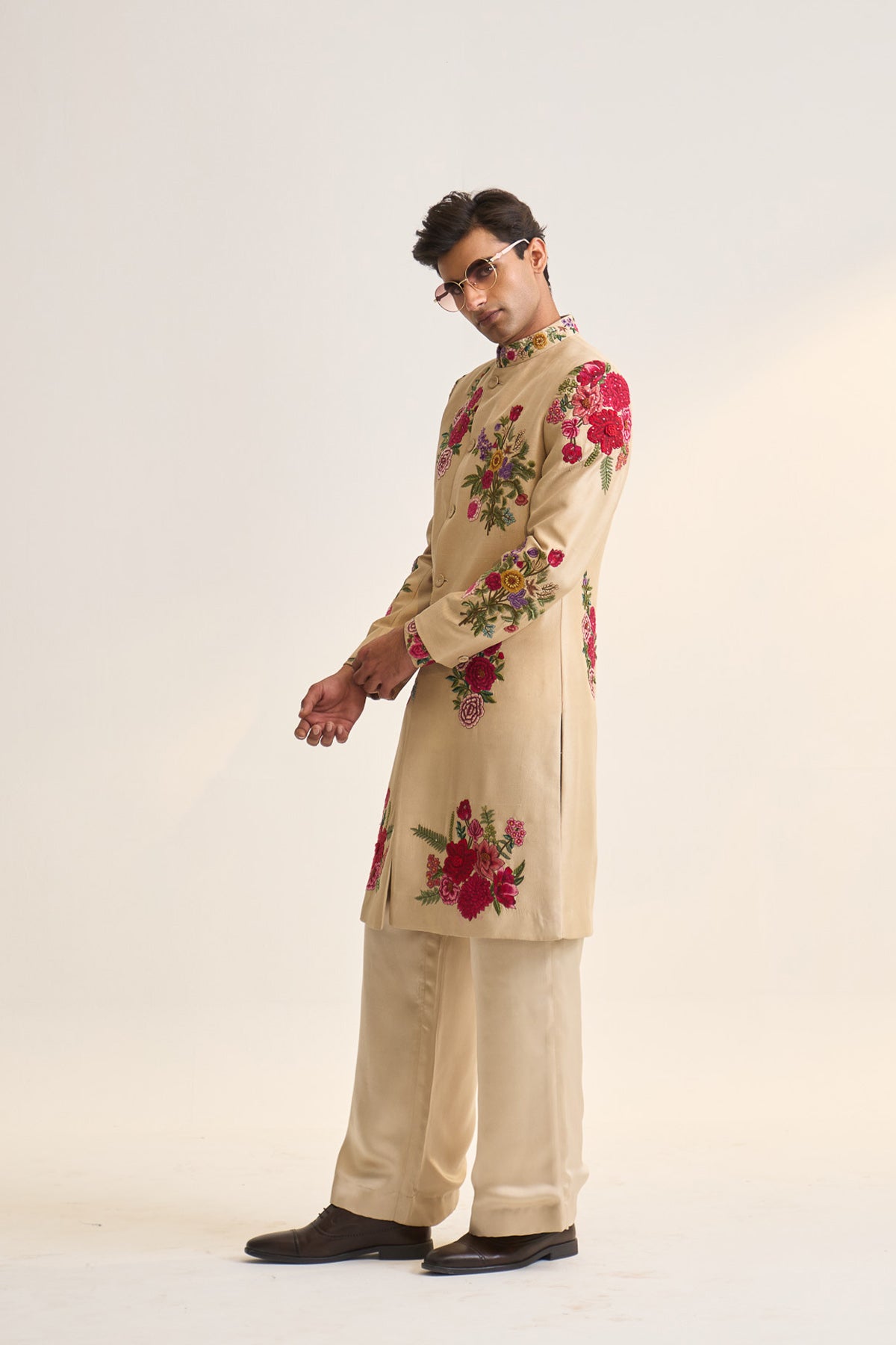 Multifloral ivory embellished achkan