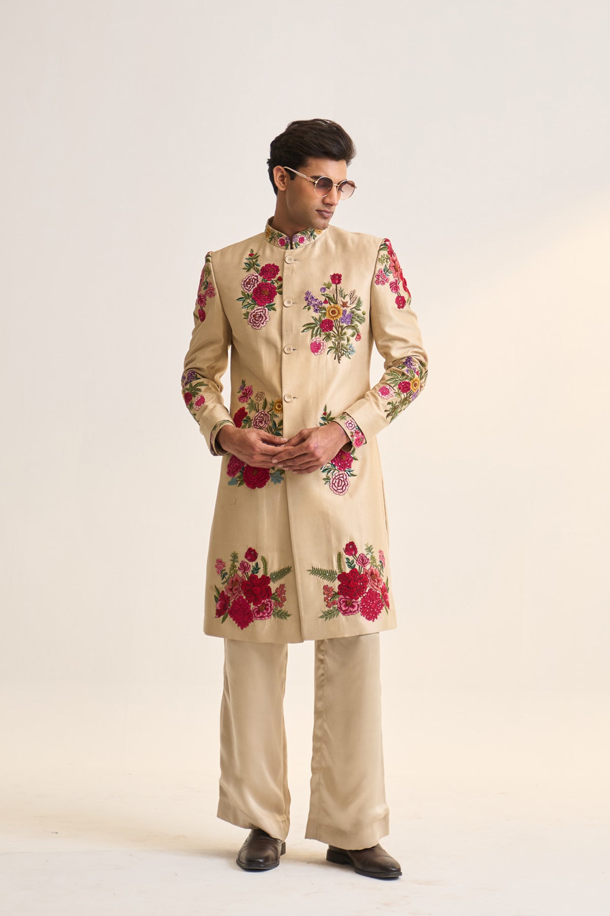 Multifloral ivory embellished achkan