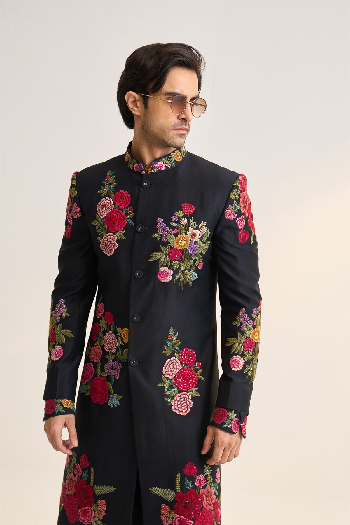 Multifloral black embellished achkan
