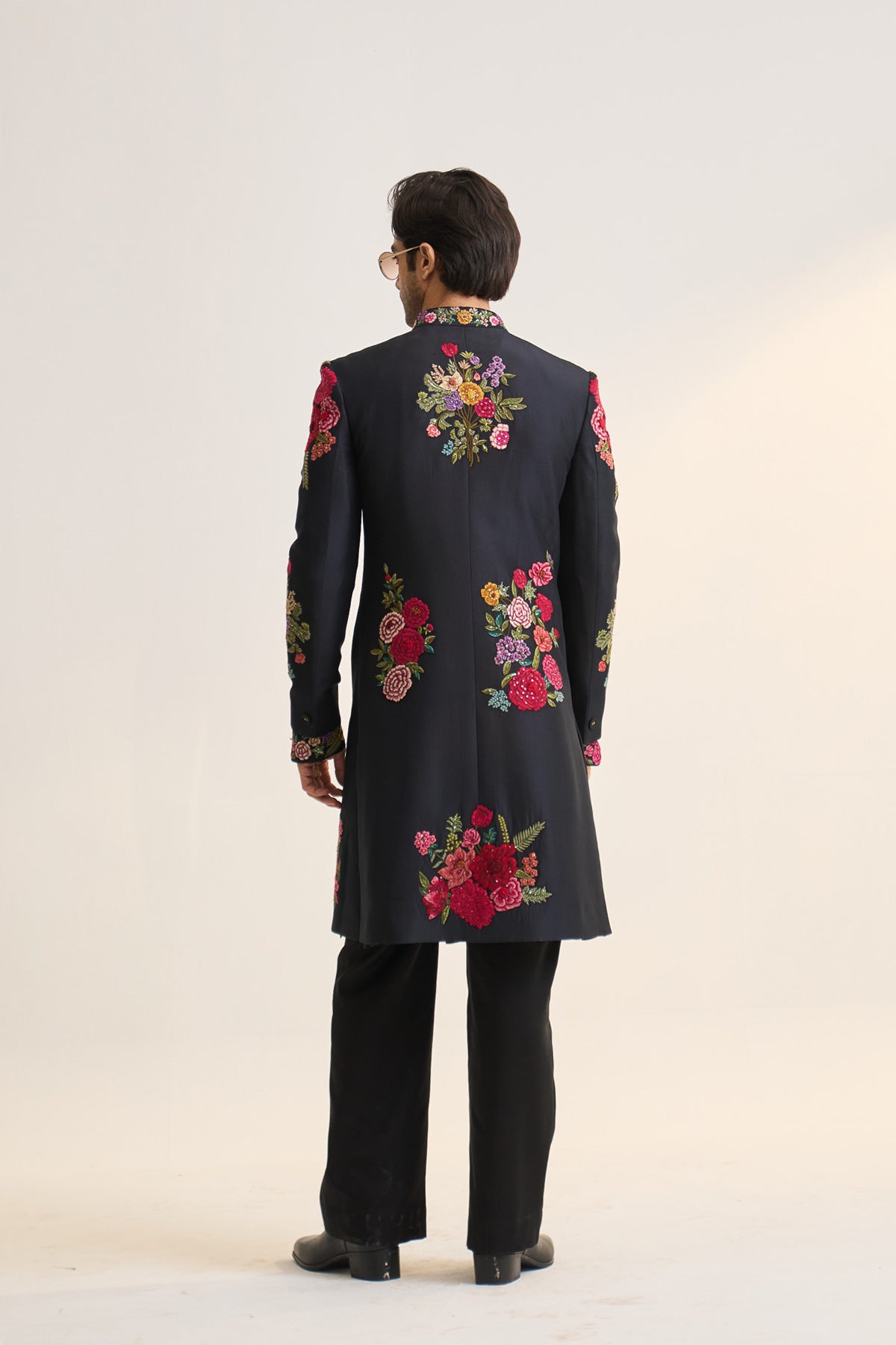Multifloral black embellished achkan