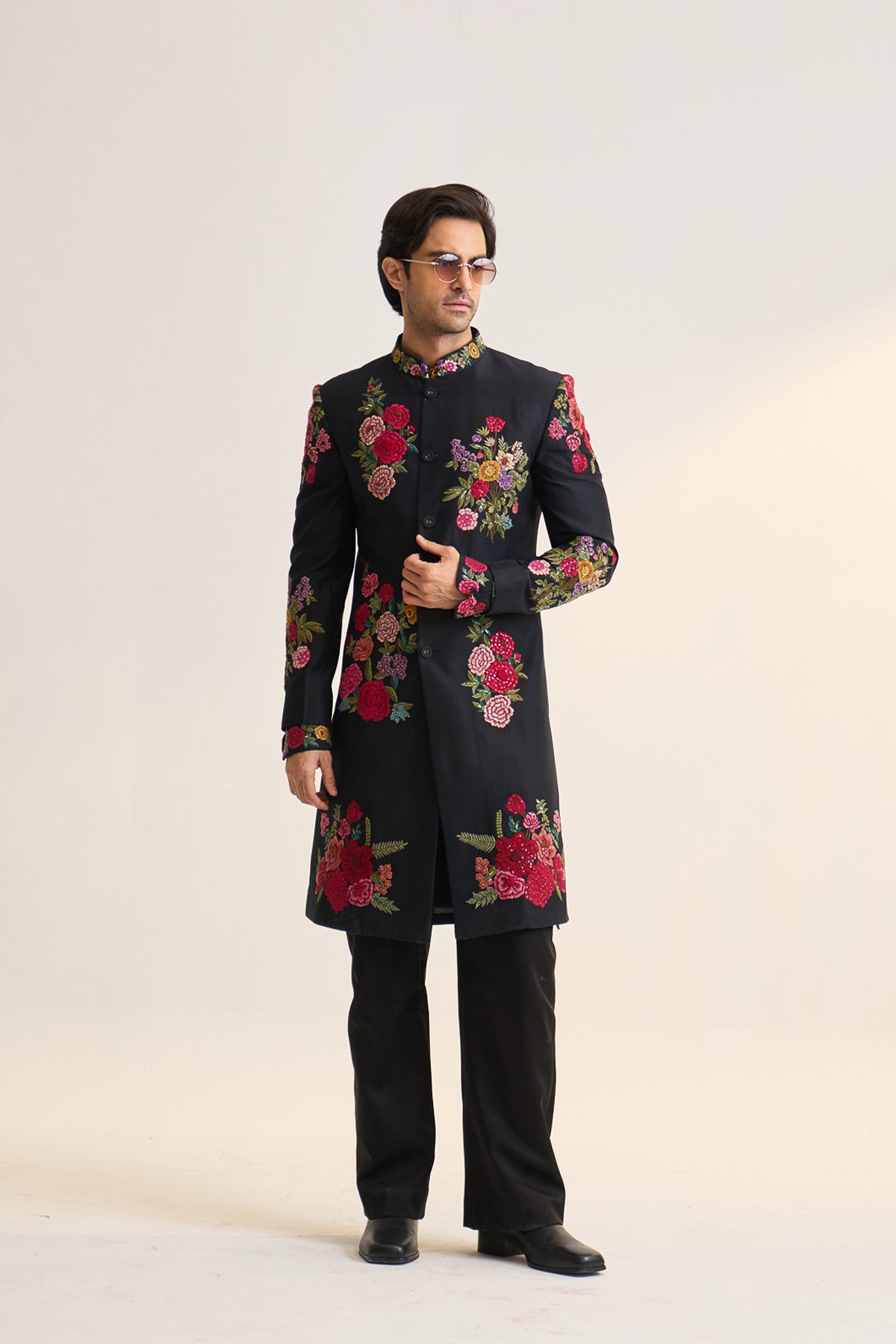 Multifloral black embellished achkan