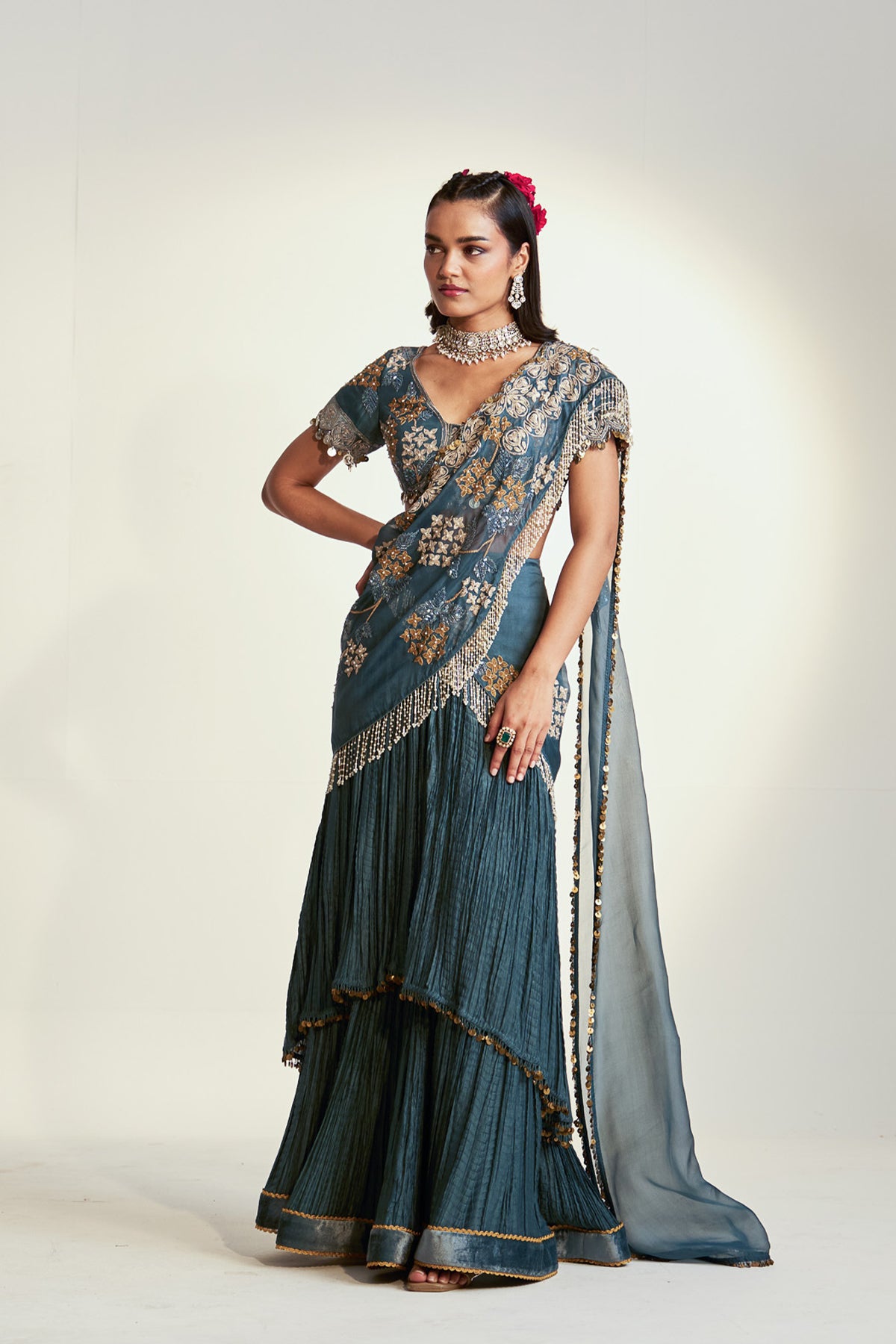 Moonflower Crinkle drape saree