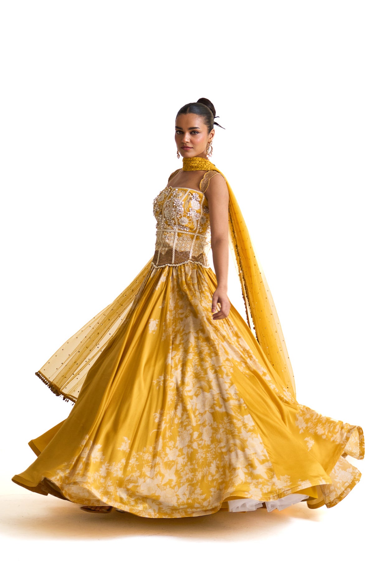 Parsi yellow corset with lehenga set