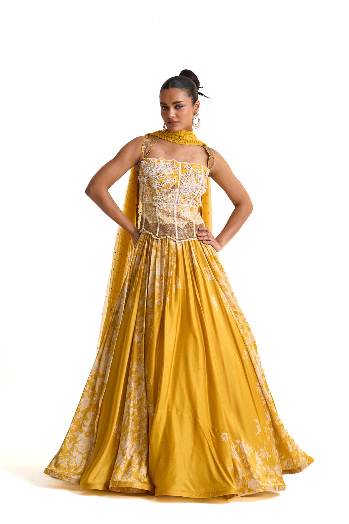 Parsi yellow corset with lehenga set