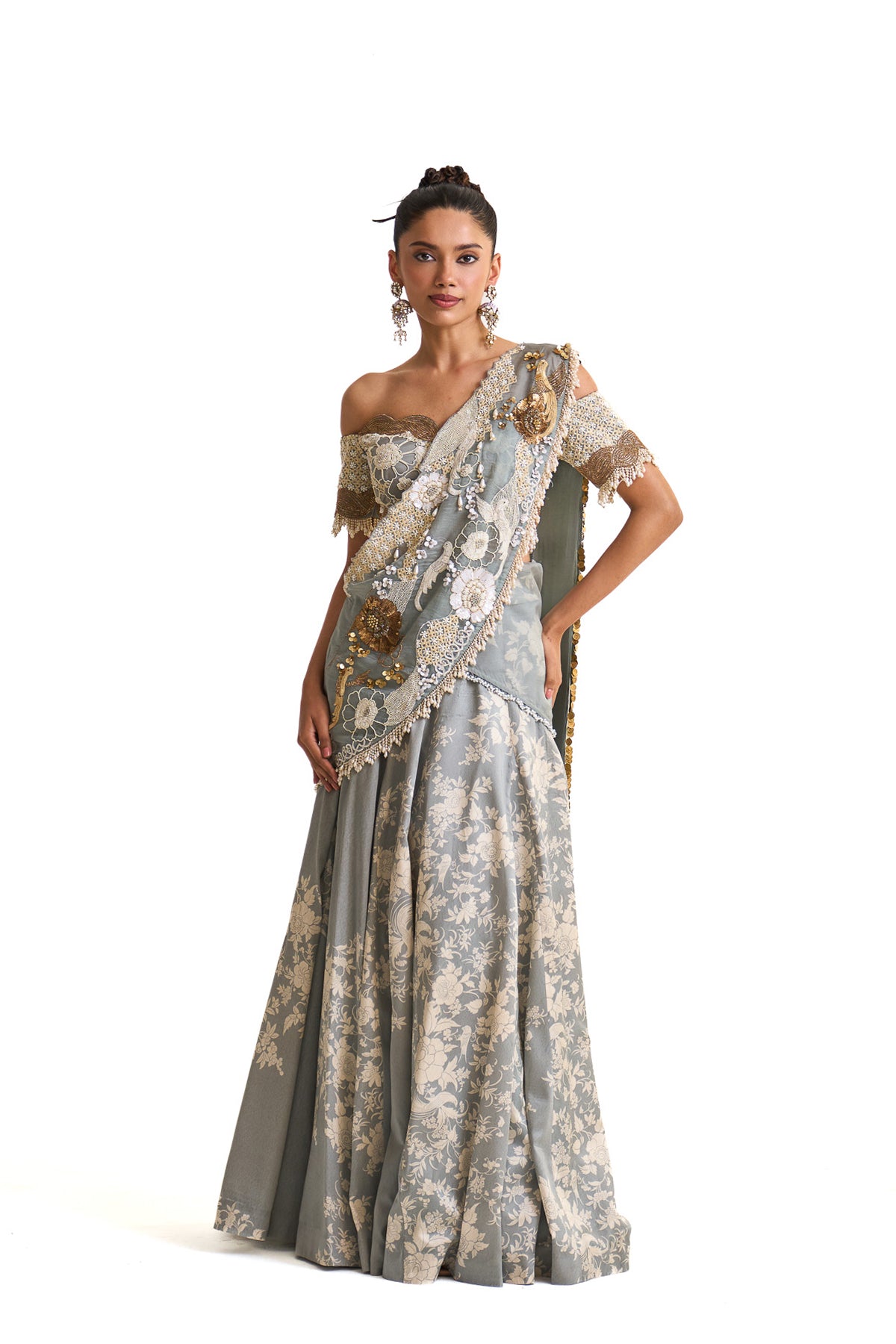 Parsi teal lehenga saree set