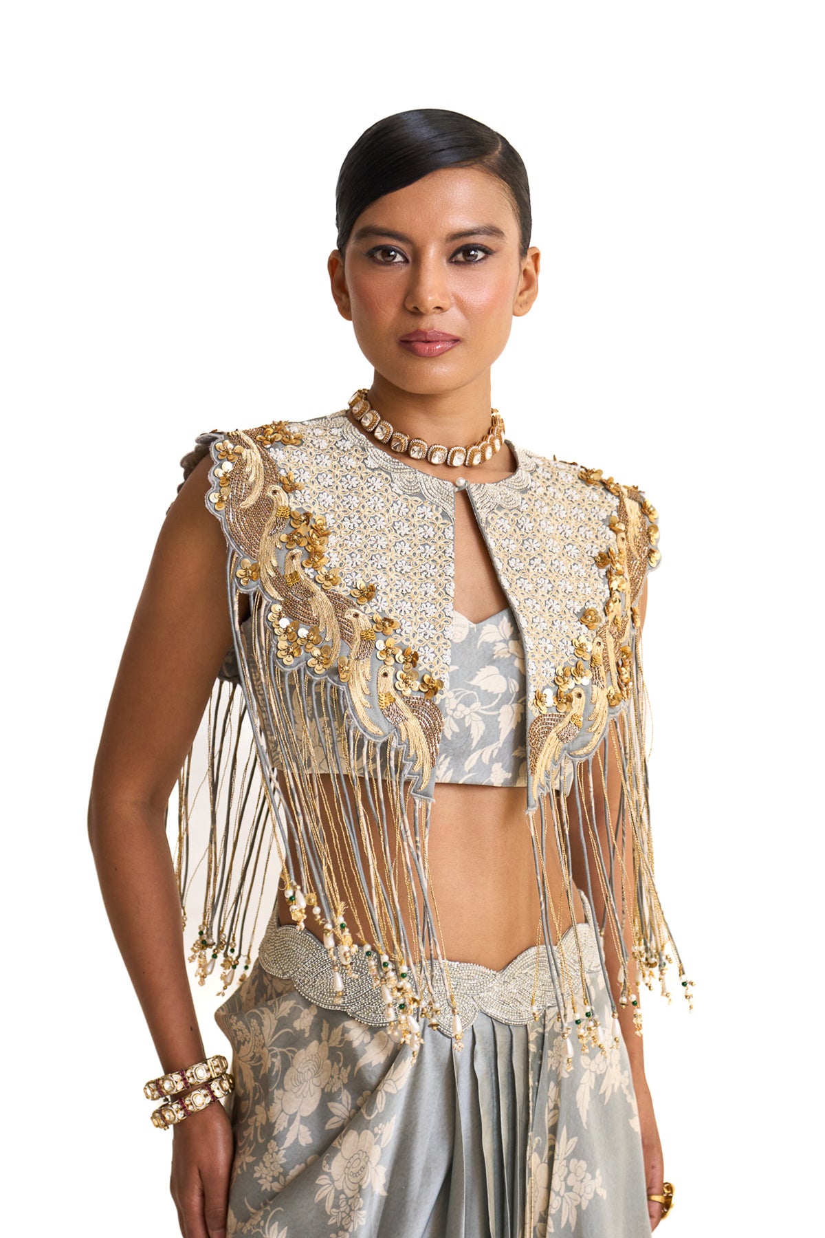 Parsi teal fringes collar set