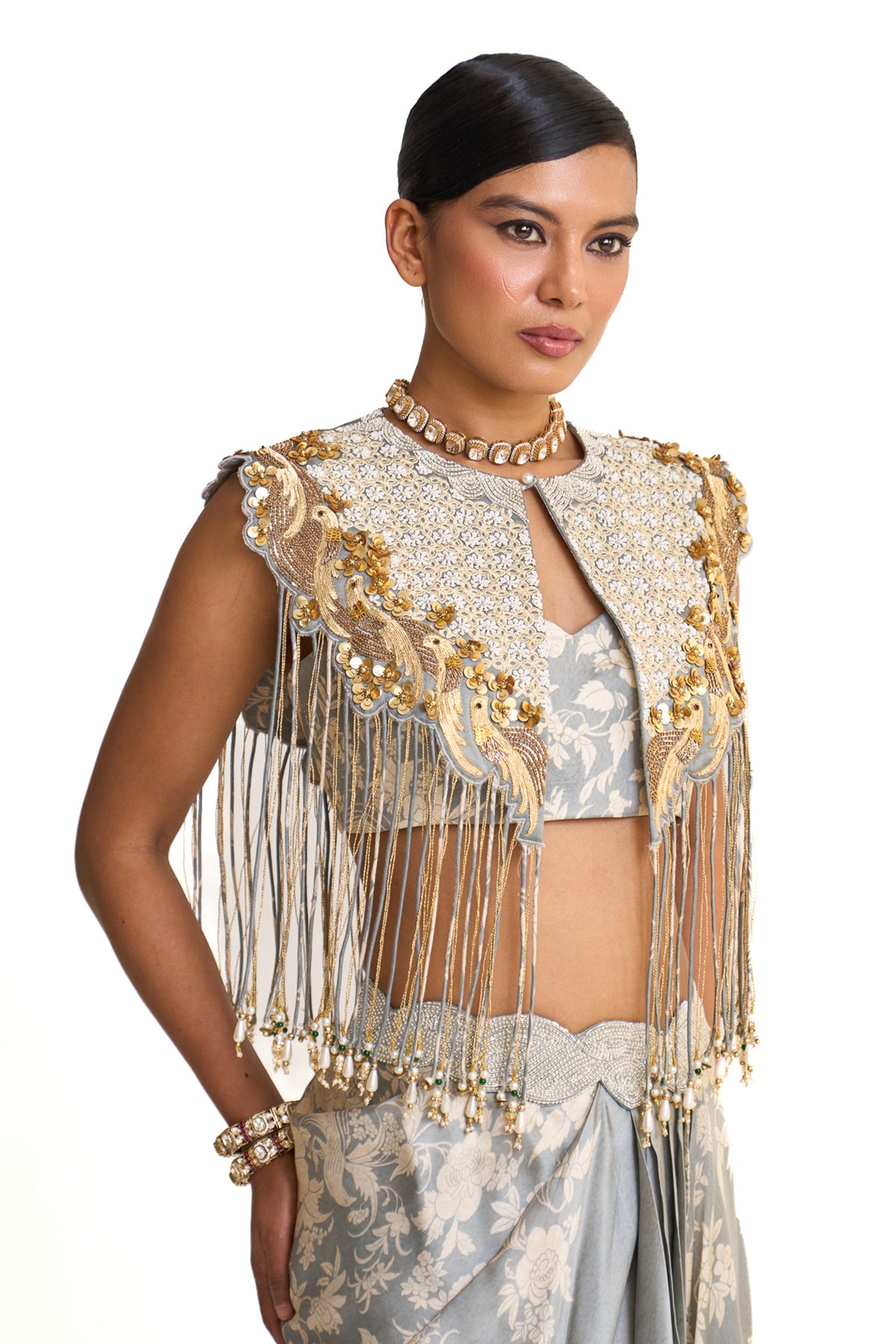 Parsi teal fringes collar set