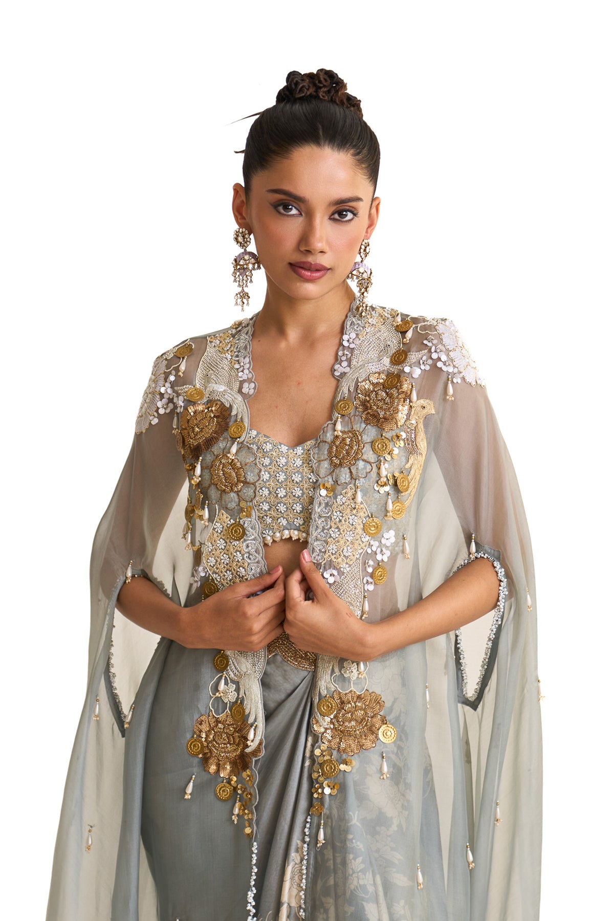 Parsi teal cape and drape skirt set