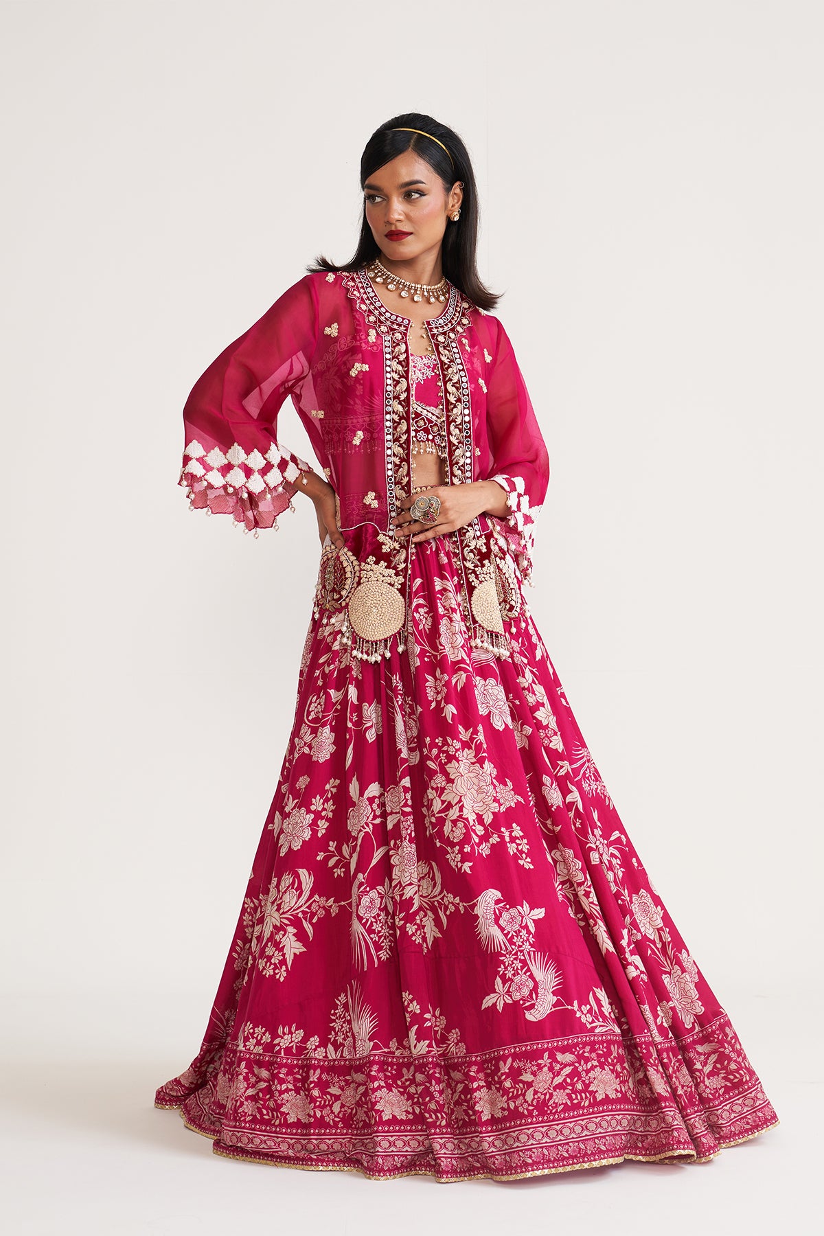 Peocock jacket and printed skirt set