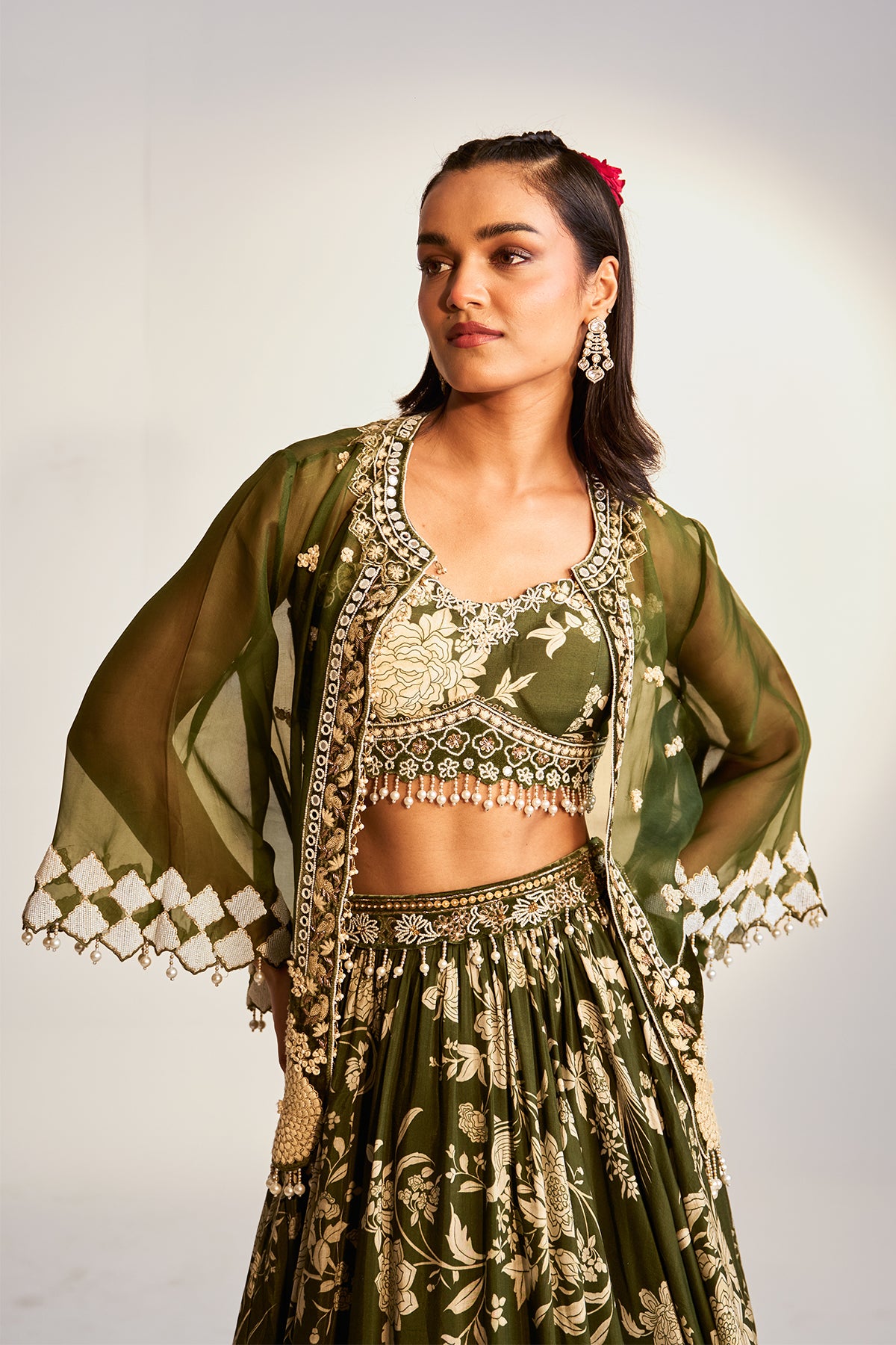 Peocock jacket and printed skirt set