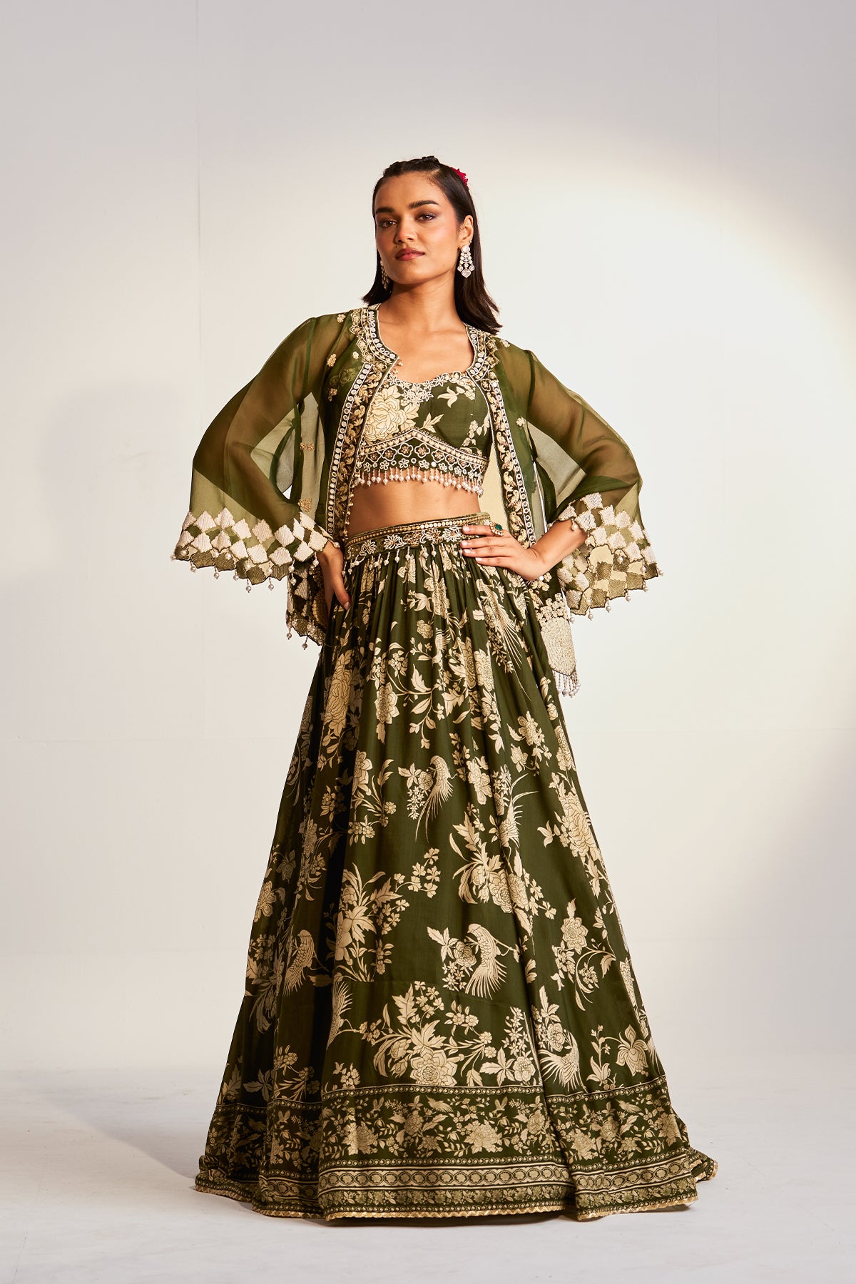 Peocock jacket and printed skirt set