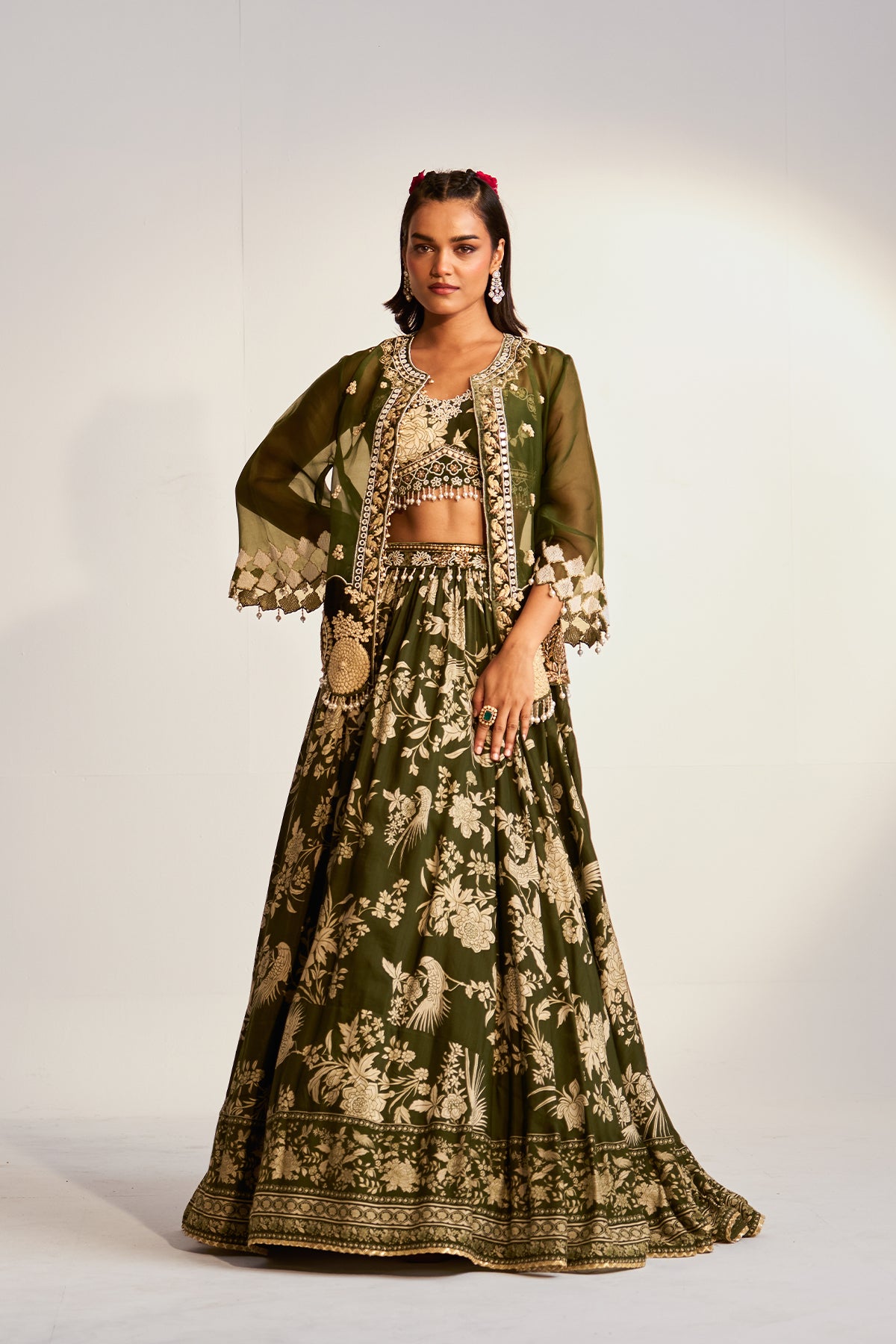 Peocock jacket and printed skirt set