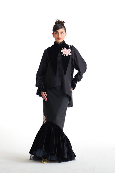 Pearl lily overlap shirt with velvet collar