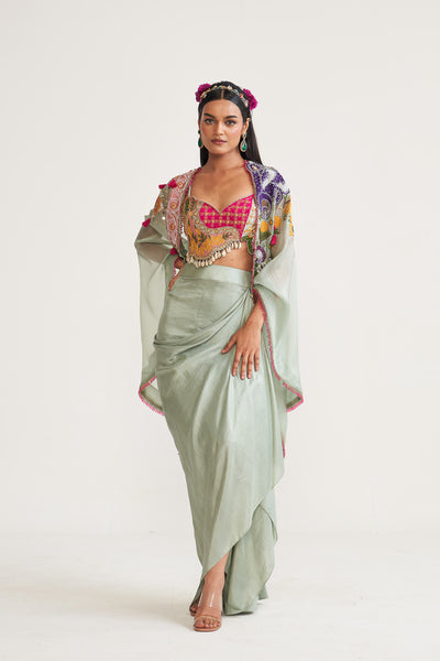 Powder blush Drape skirt with Cape set