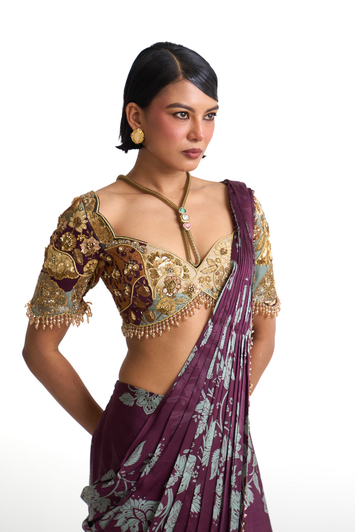 Plum garden drape saree