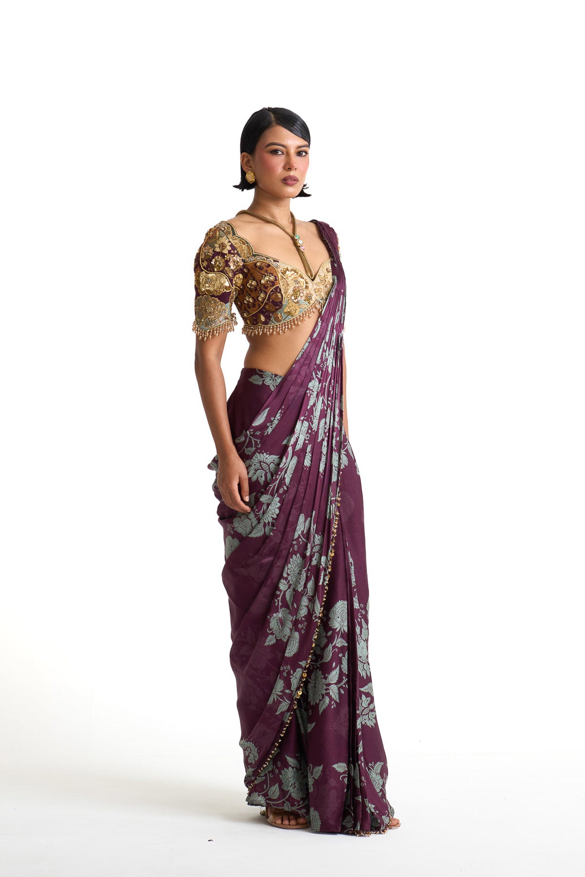Plum garden drape saree