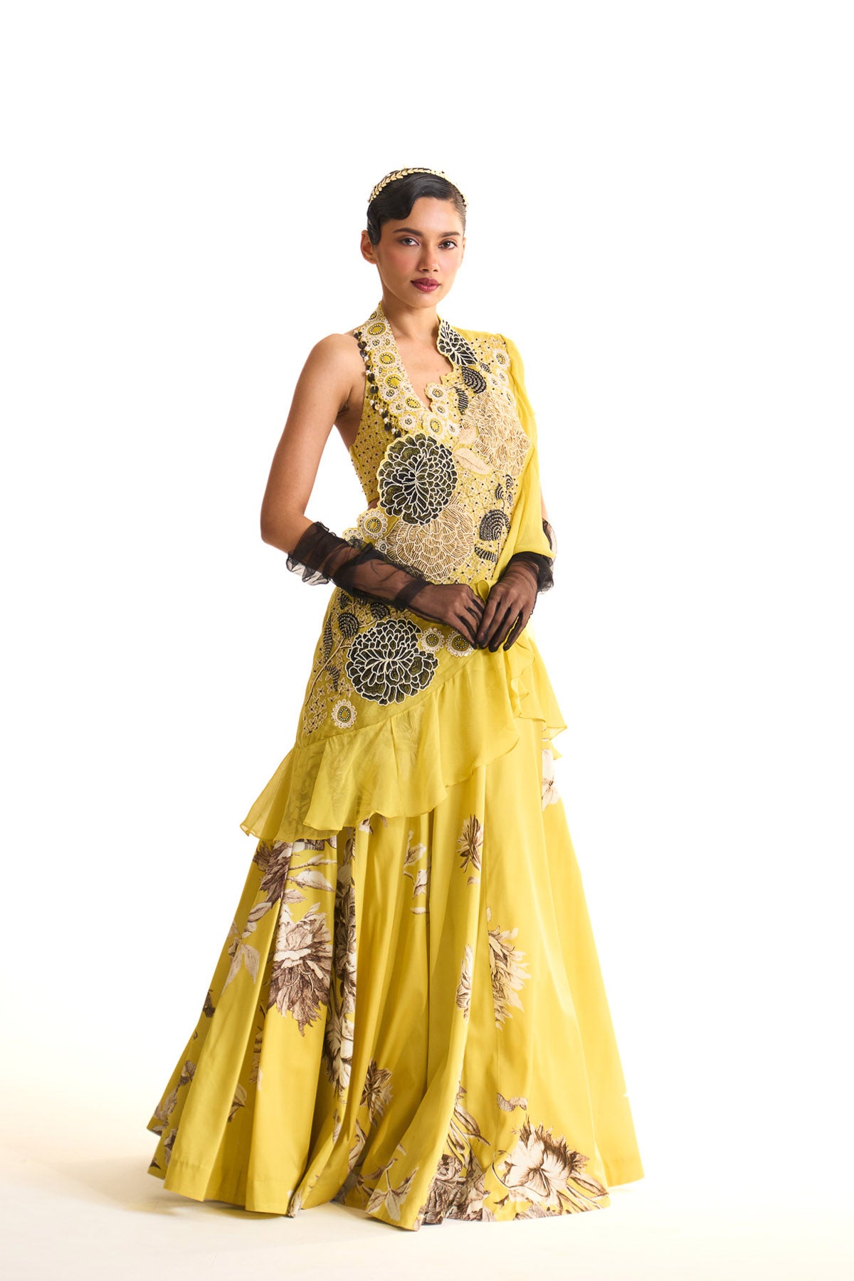 Black iris lehenga saree set