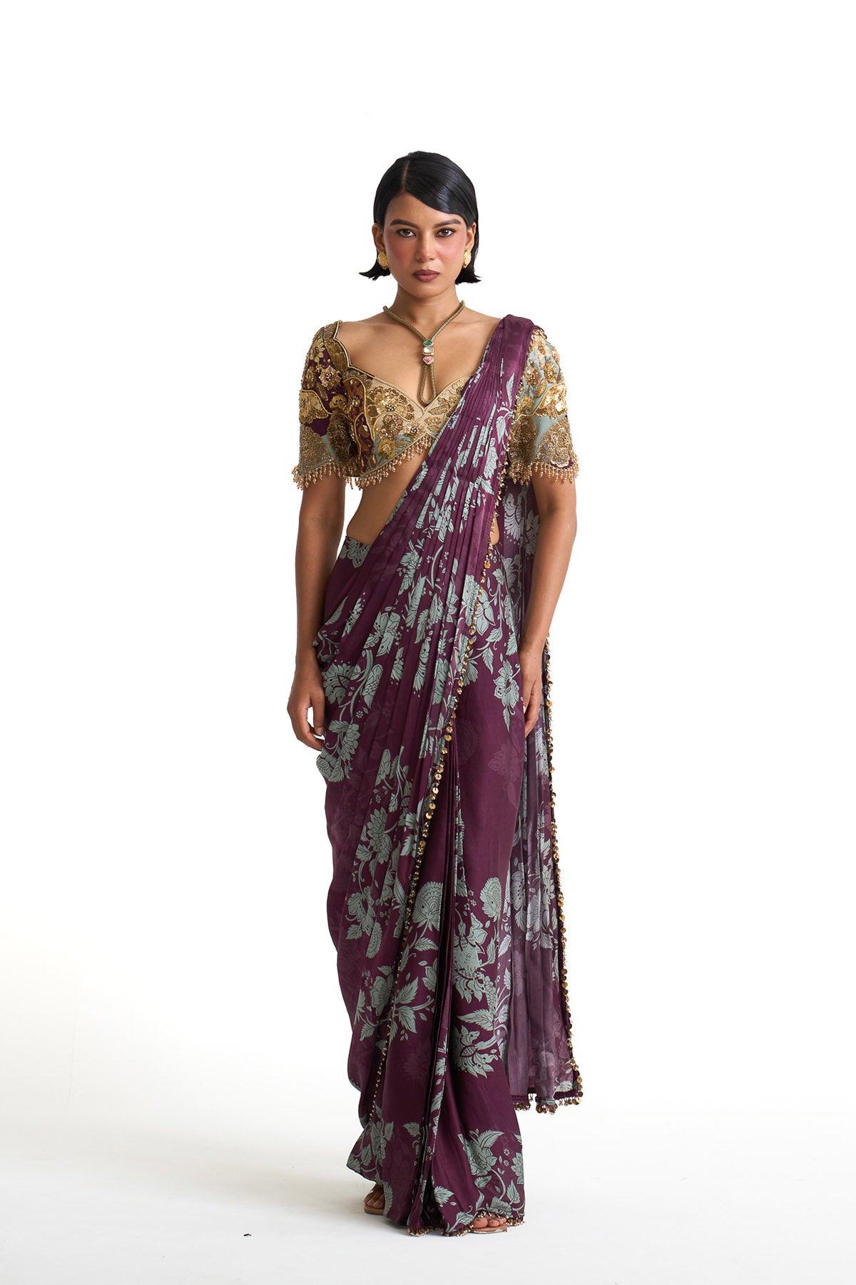Plum garden drape saree