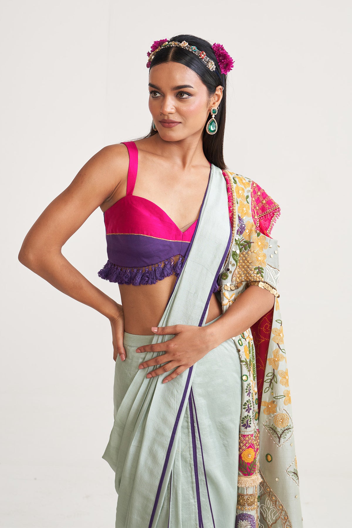 Long jacket with drape saree