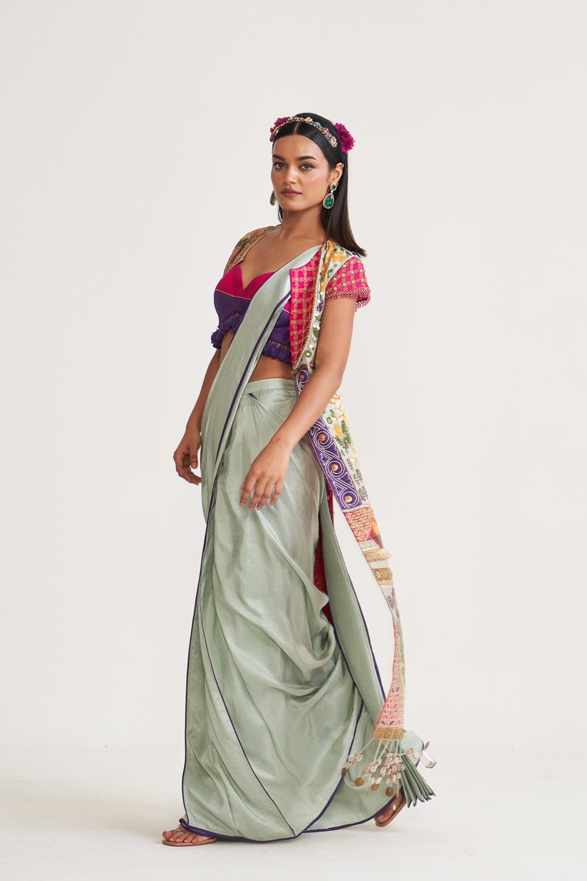 Long jacket with drape saree