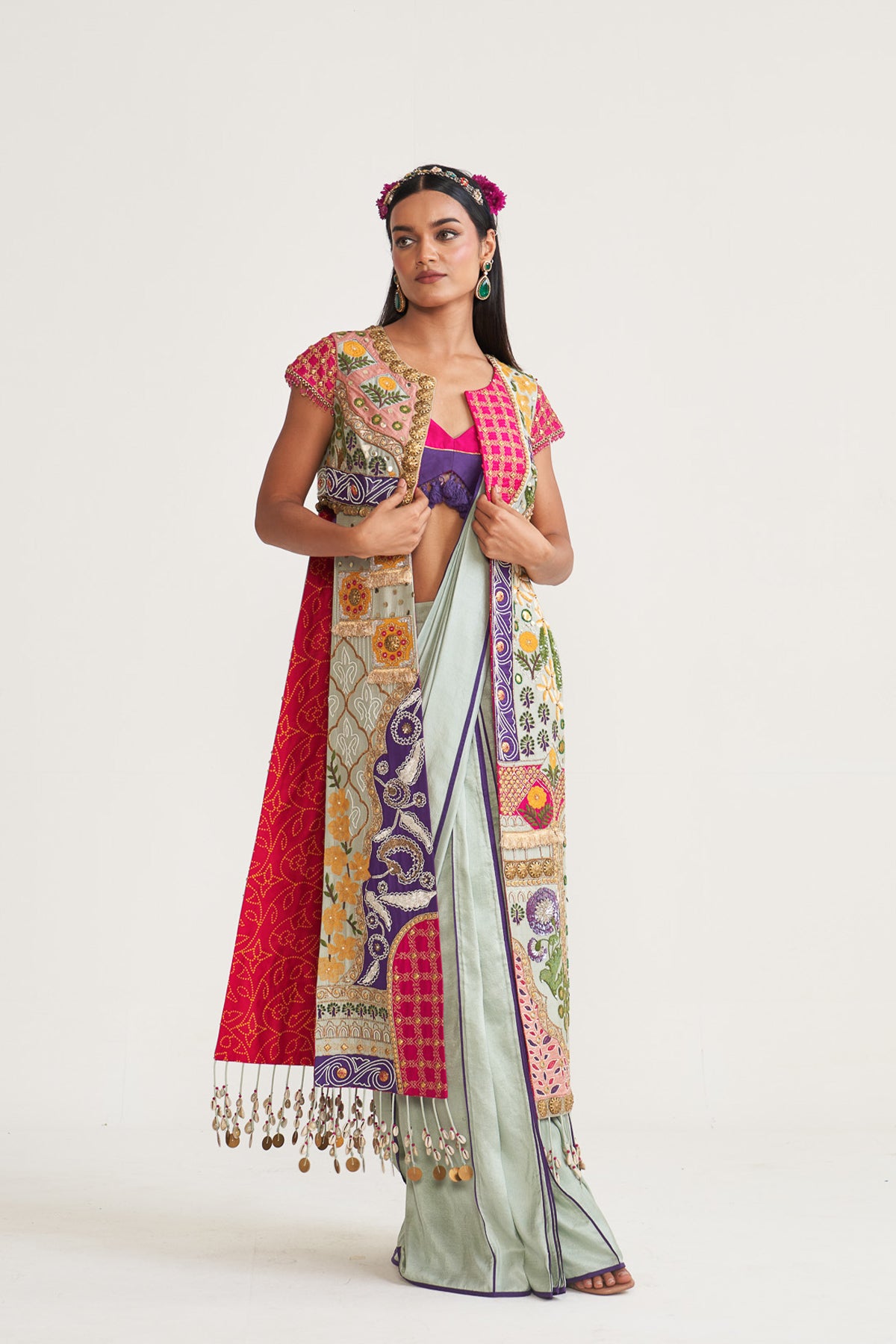 Long jacket with drape saree