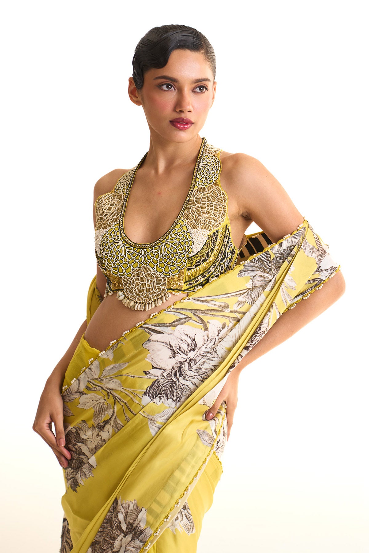 Black iris pleated saree set