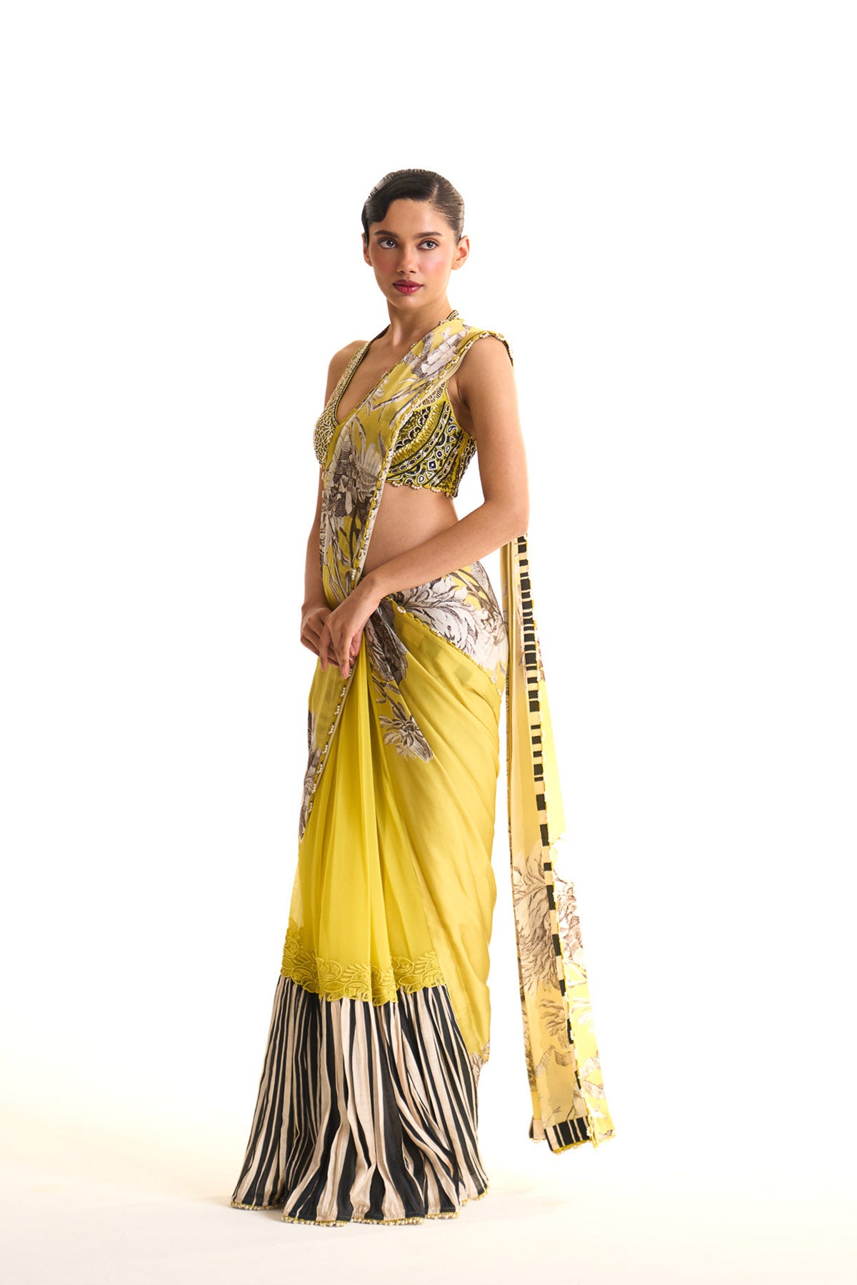 Black iris pleated saree set