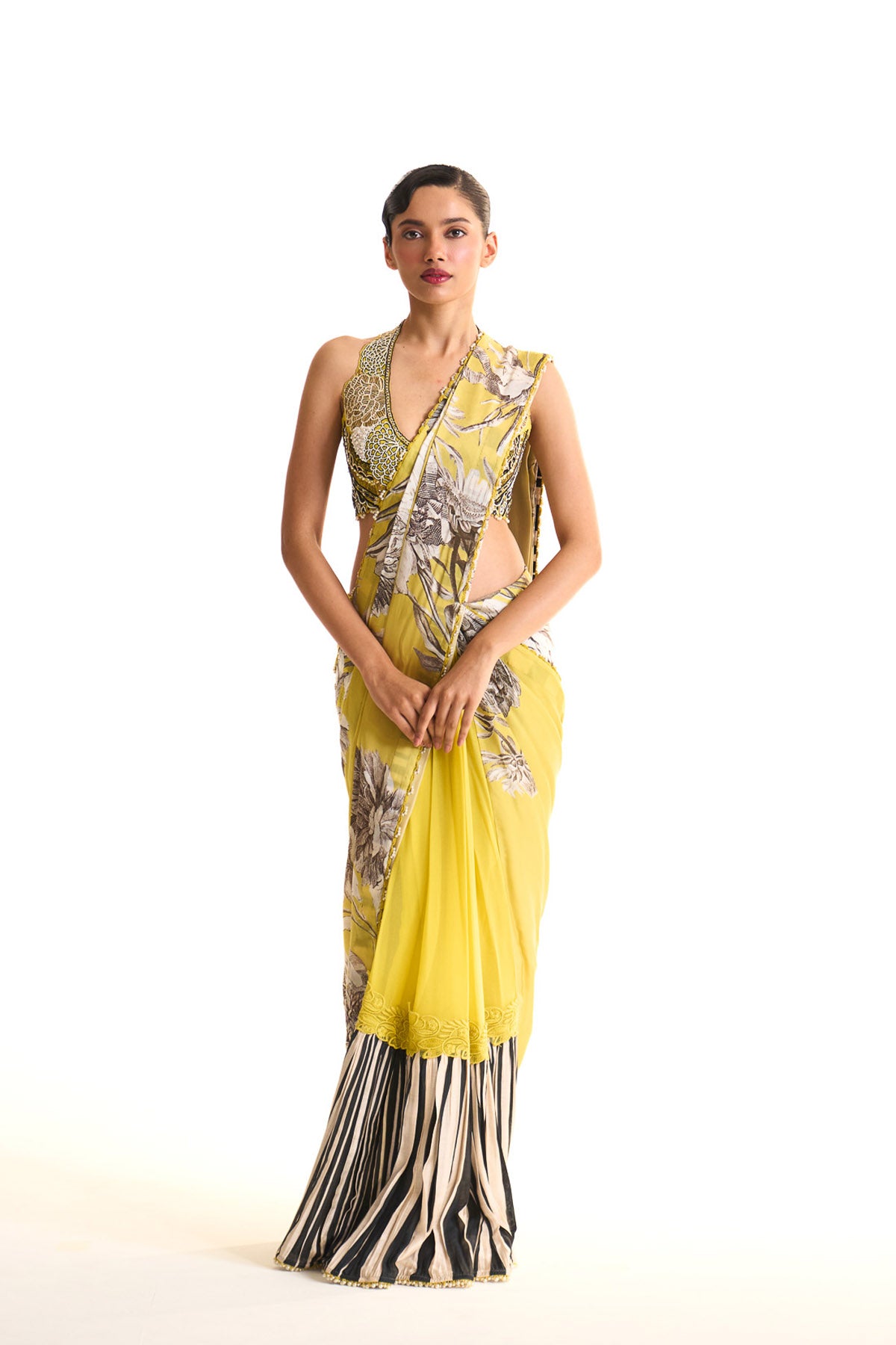 Black iris pleated saree set