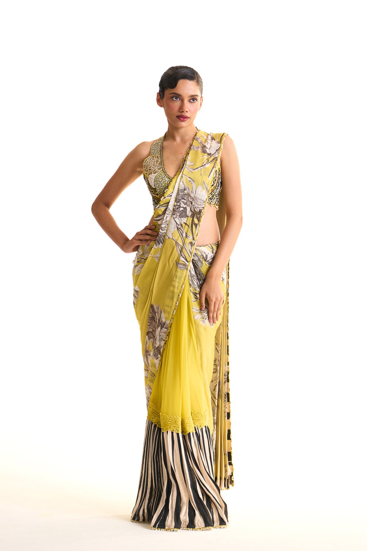 Black iris pleated saree set
