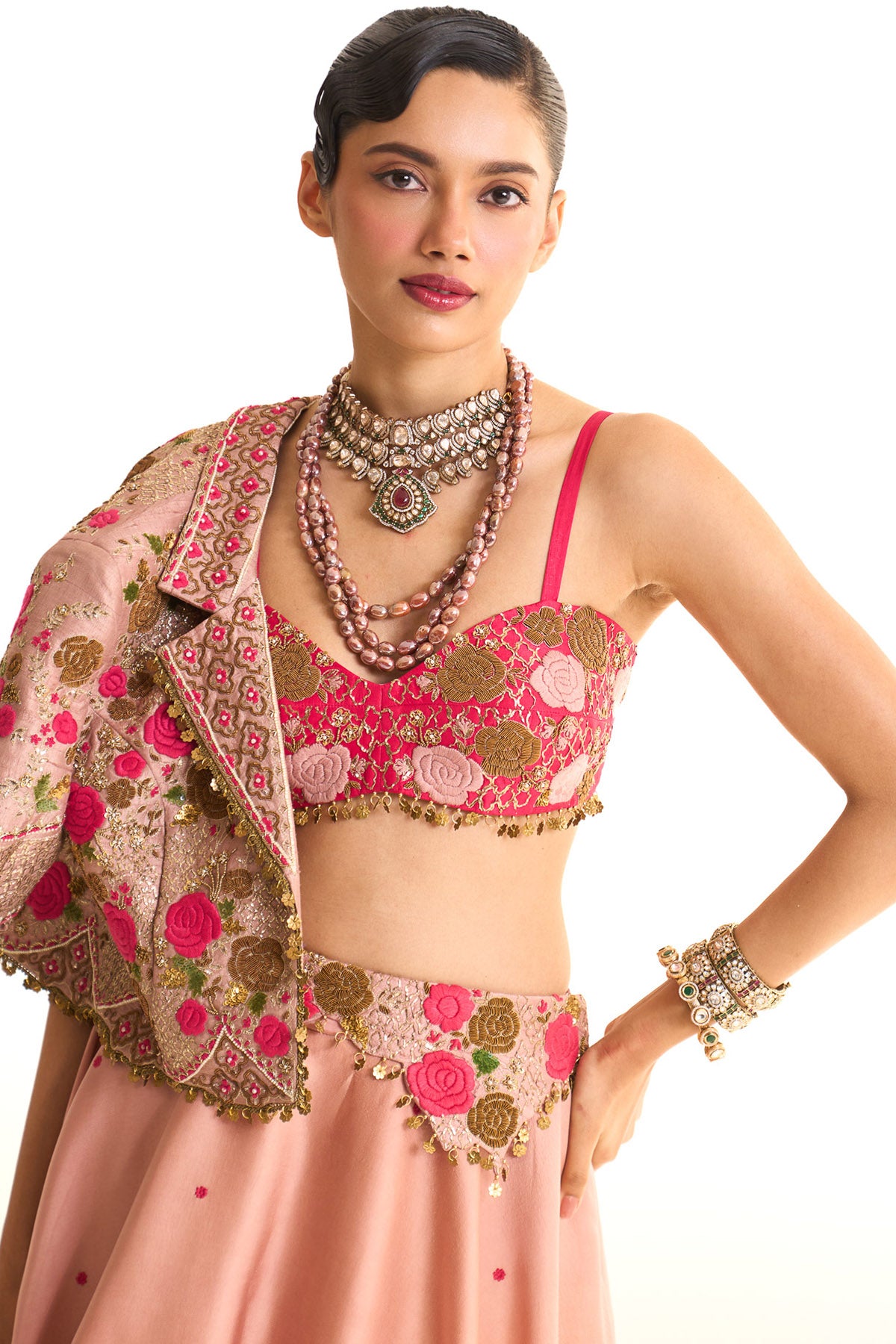 Pink rose crop blazer & balloon skirt set