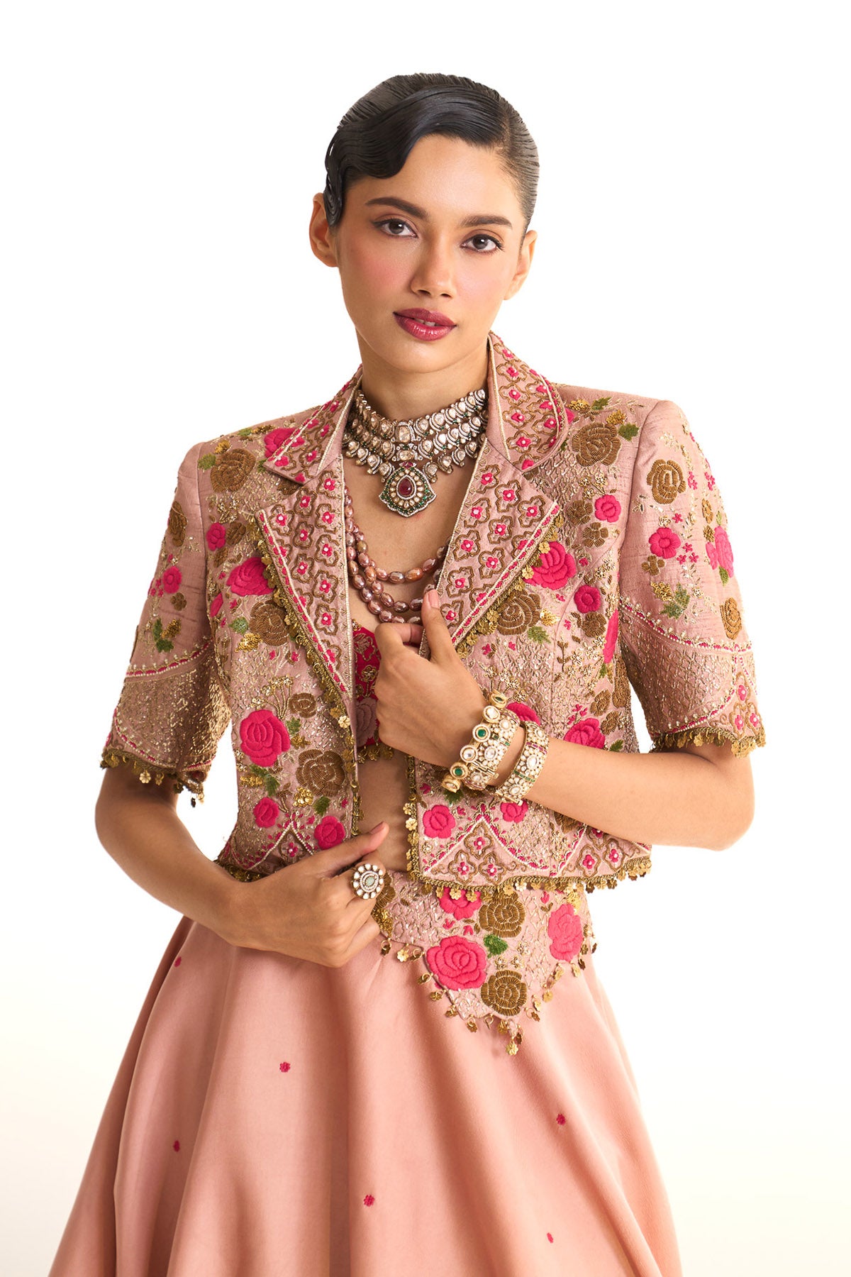 Pink rose crop blazer & balloon skirt set