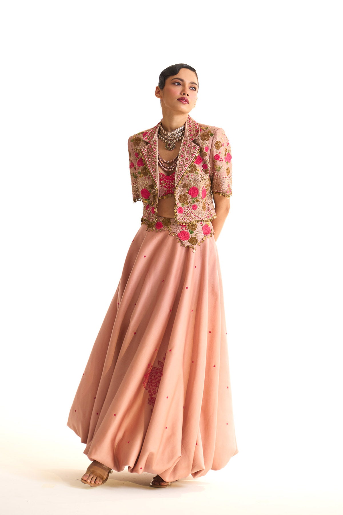 Pink rose crop blazer & balloon skirt set