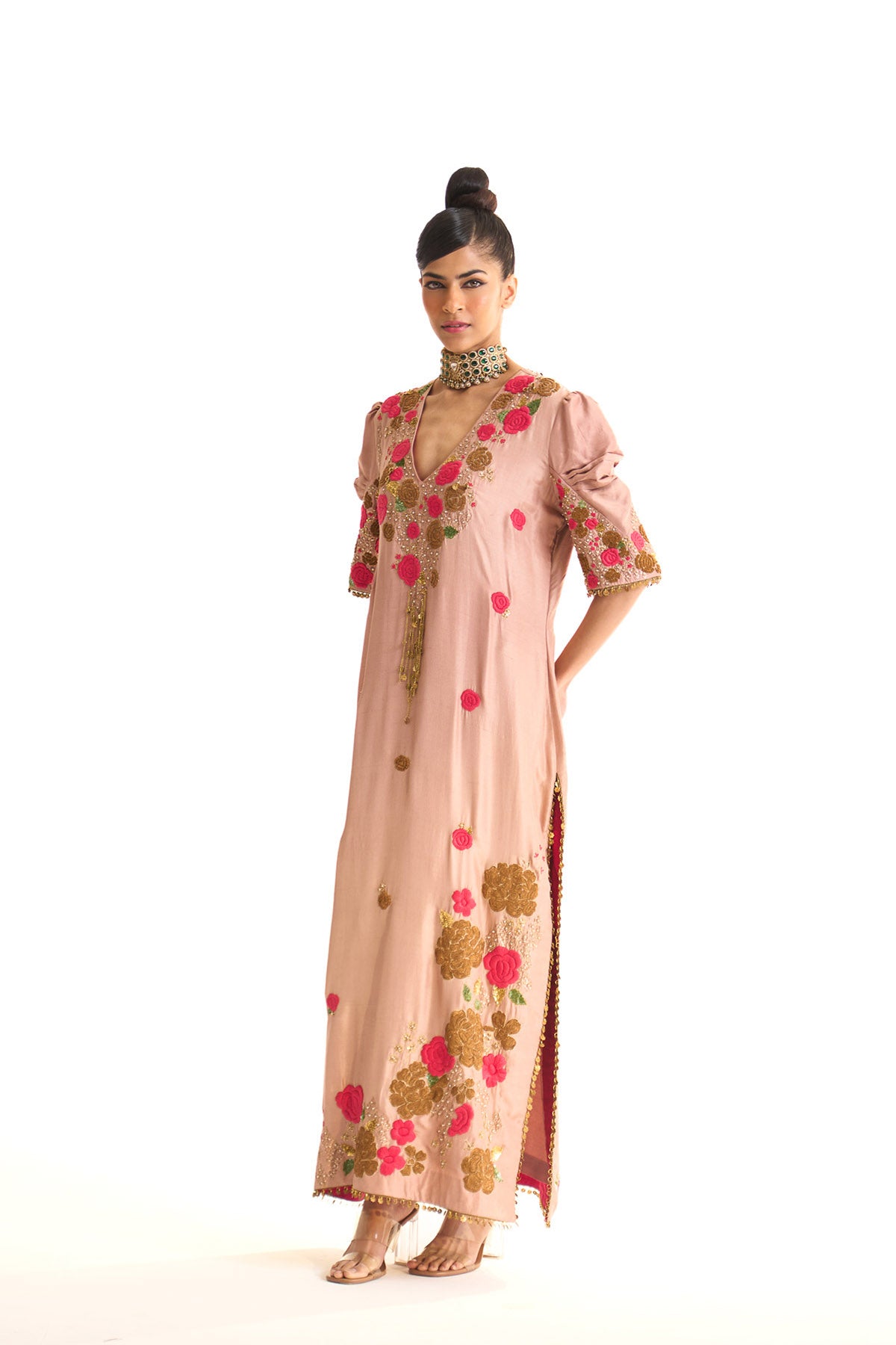 Pink rose V neck kaftan