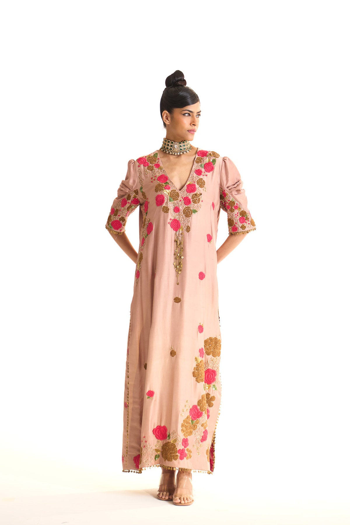 Pink rose V neck kaftan