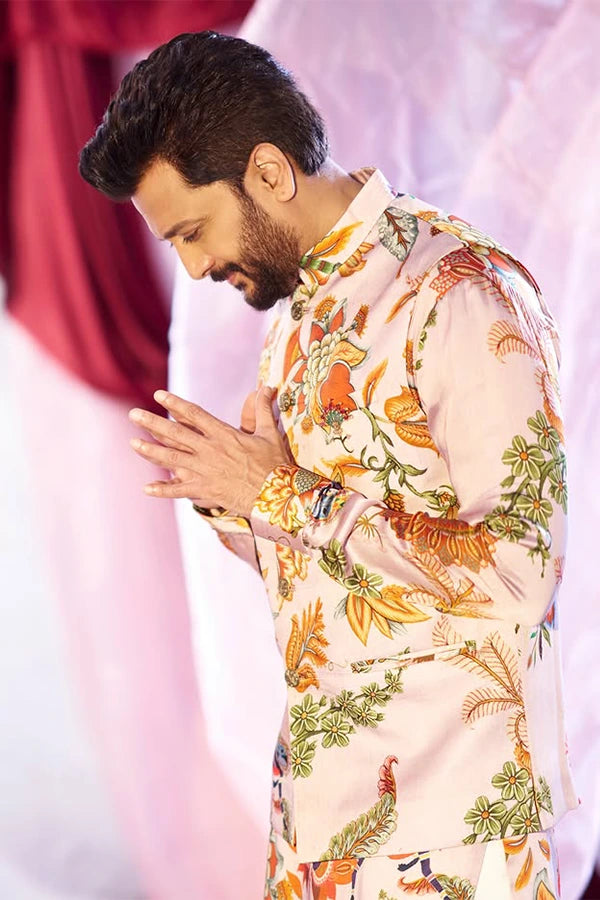 Riteish Deshmukh in Chintz printed pink Nehru jacket