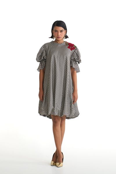 Rose grid a-line balloon dress