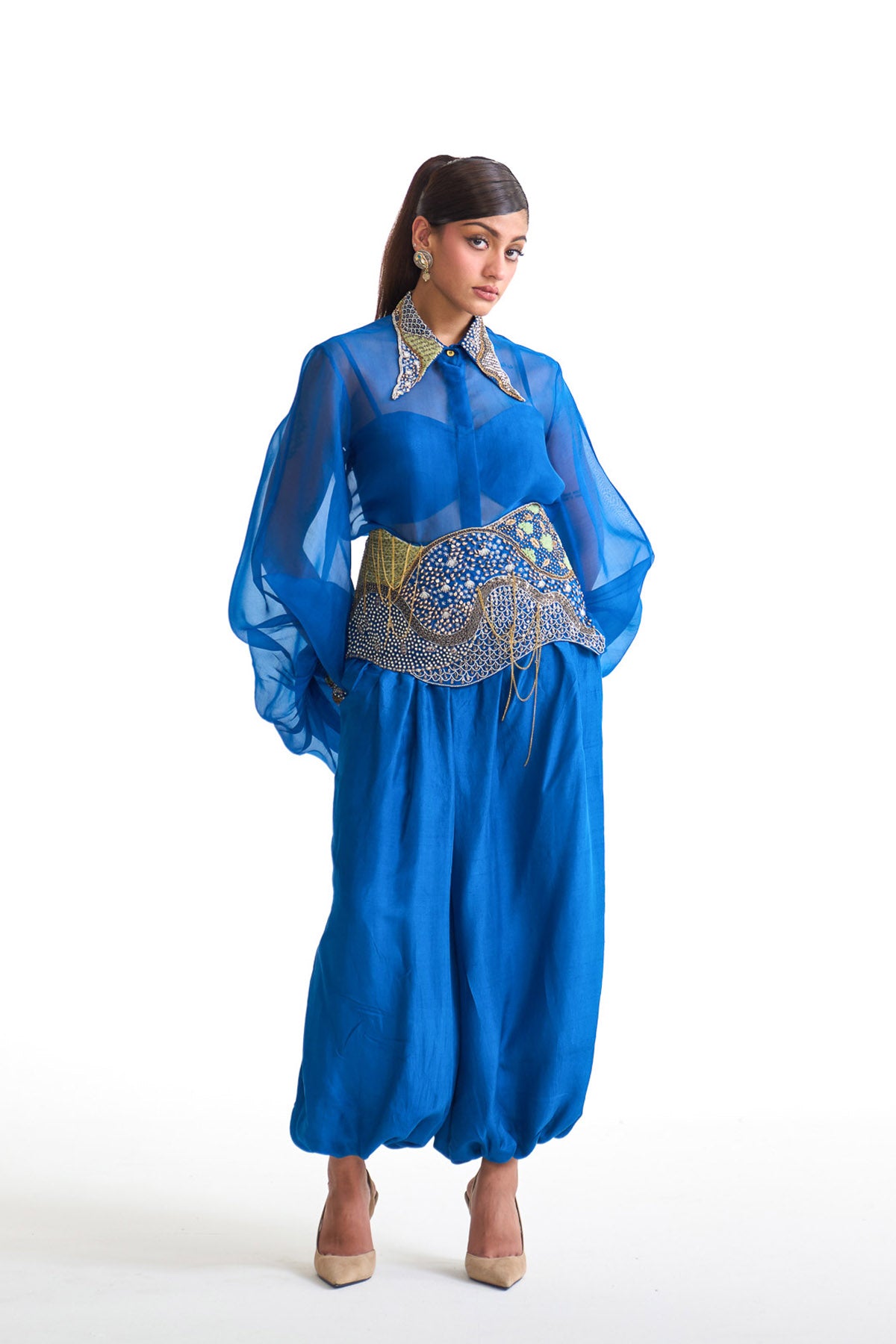 Silver sea shirt with balloon pant set