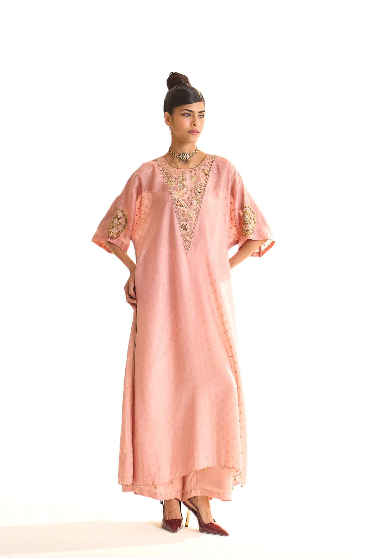 Summer mist Pink Gold satin kaftan set