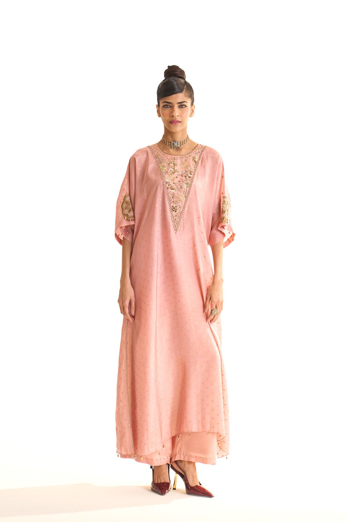 Summer mist Pink Gold satin kaftan set