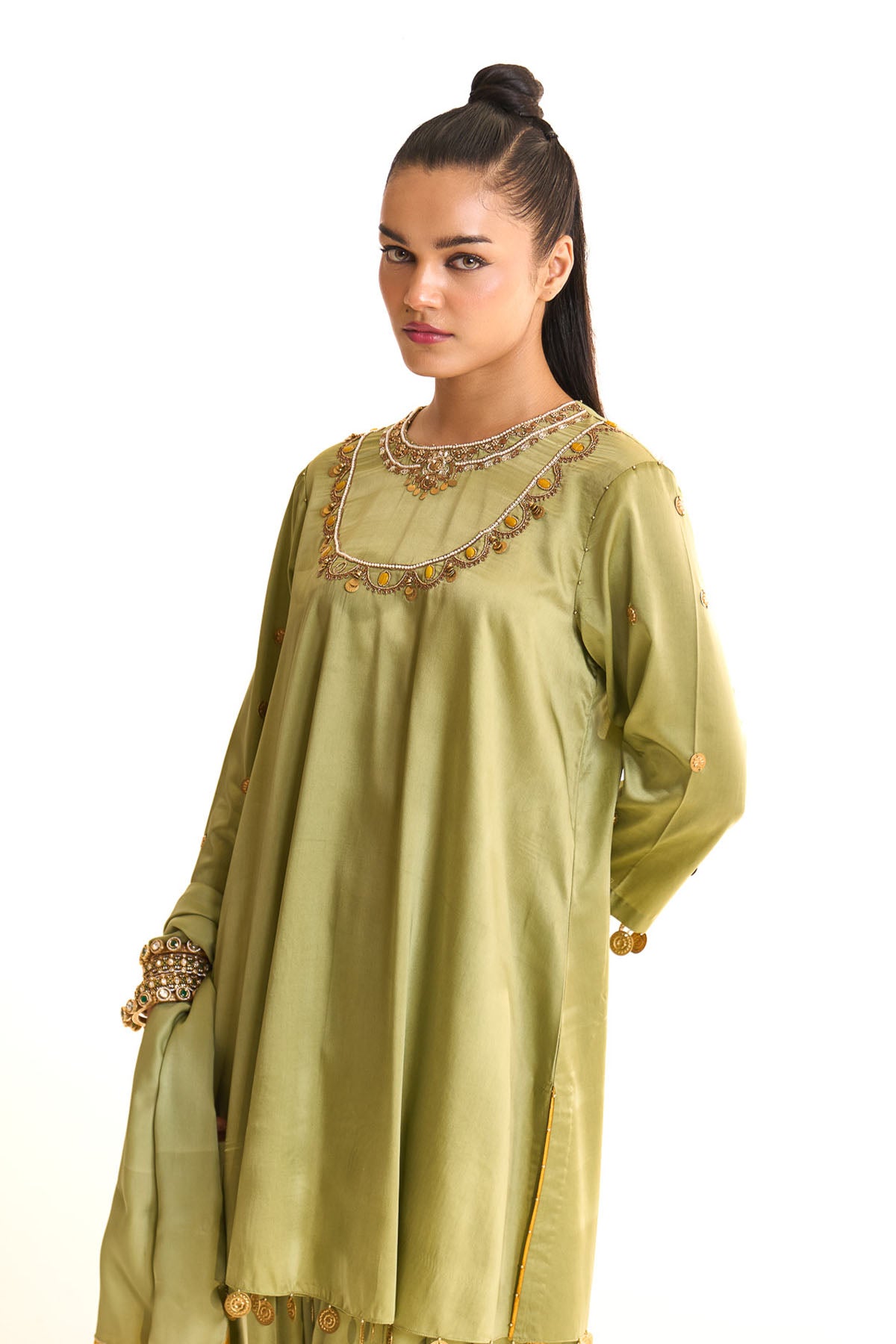Summer mist Green A-line satin neck embroidered set
