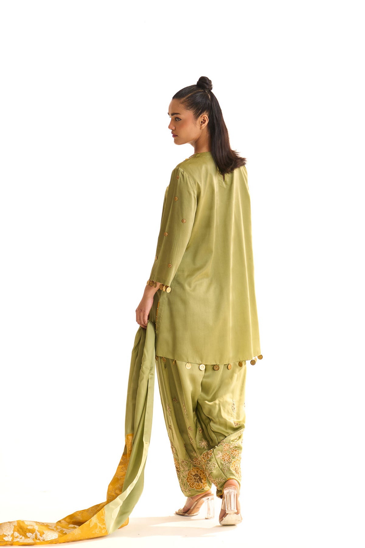 Summer mist Green A-line satin neck embroidered set