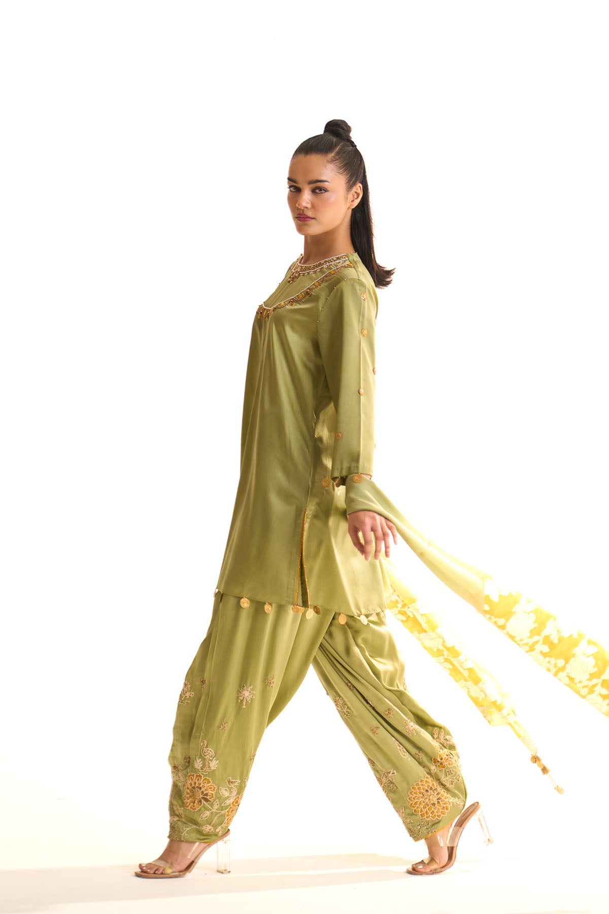 Summer mist Green A-line satin neck embroidered set