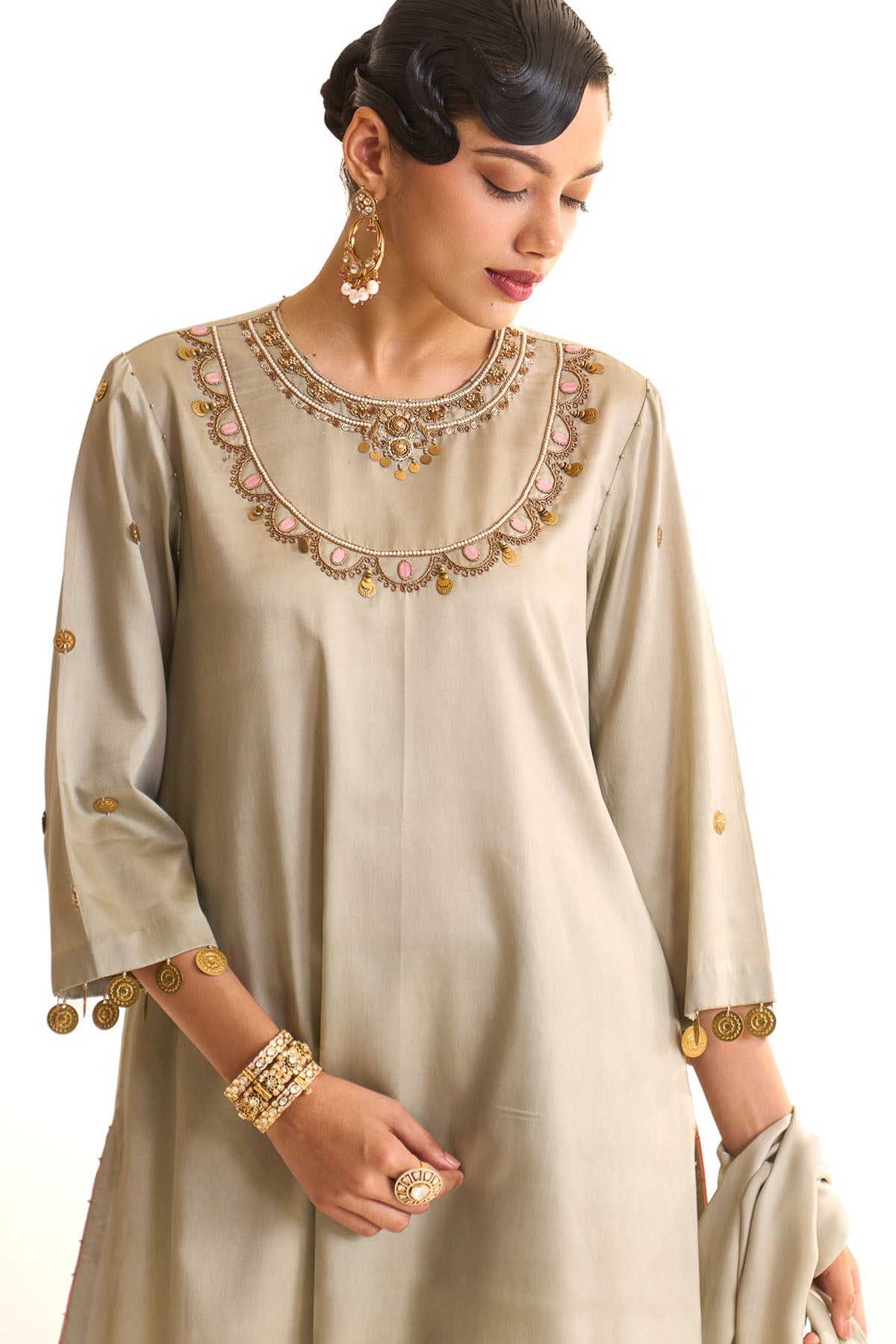 Summer mist Teal A-line satin neck embroidered set